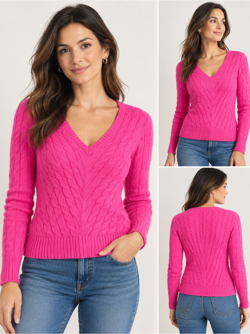 Ralph Lauren Luxury Black Label 100% Cashmere Cable Knit Sweater S/M Pink V Neck